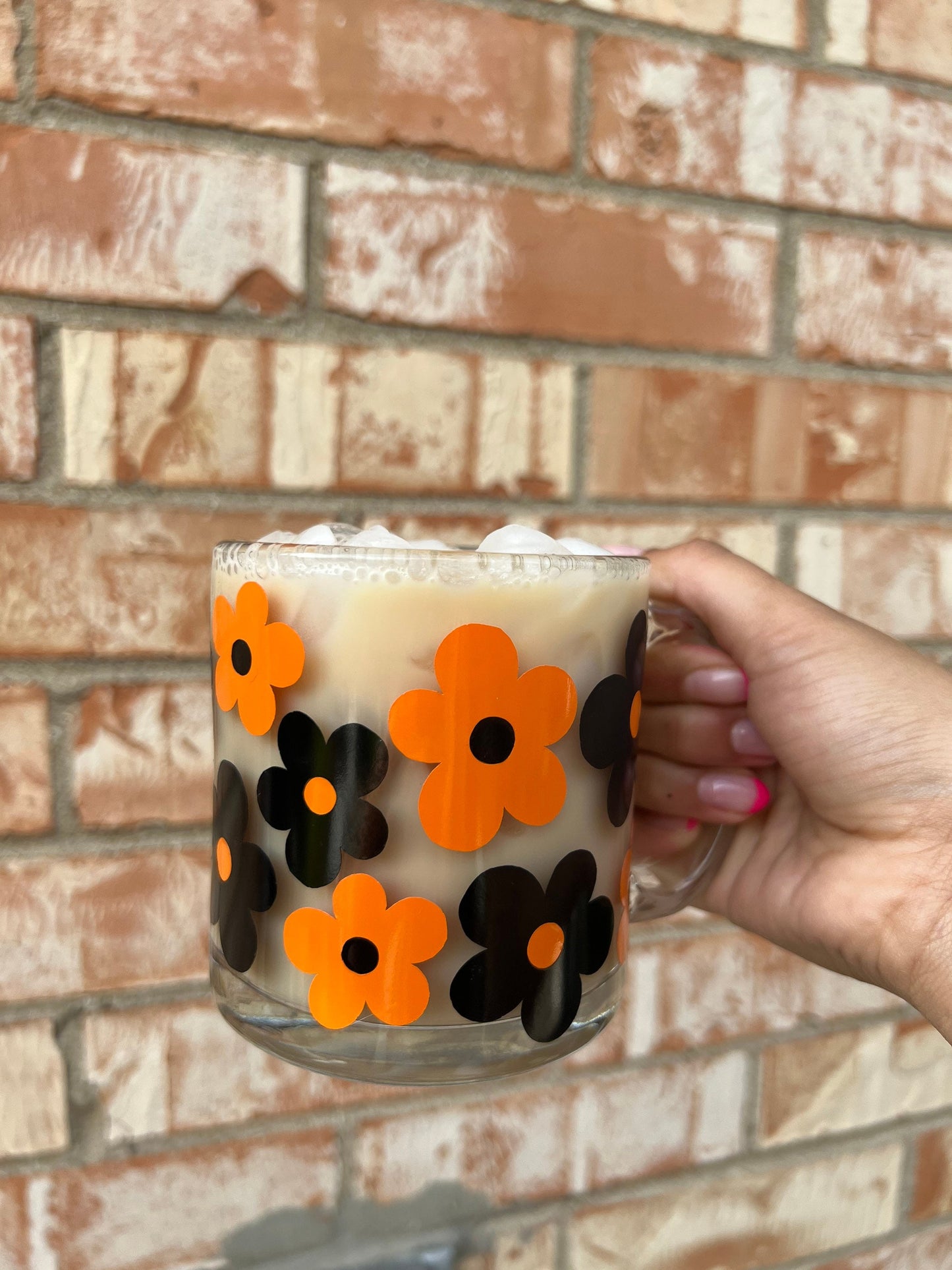 Glass Mug with Orange and Black Flowers