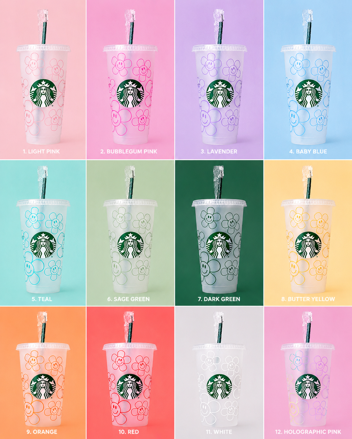 Flower Smiley Face Outline Starbucks Tumbler