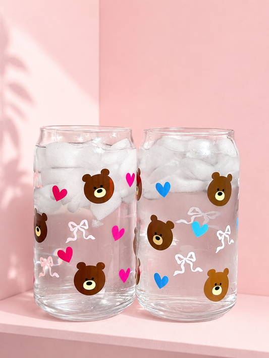 Baby Shower Teddy Bear Iced Coffee Glass with Hearts & Bows
