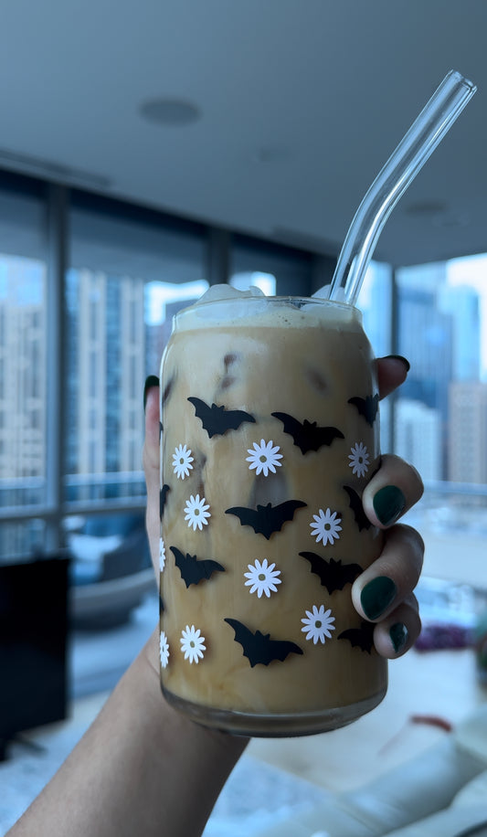 Bat with Daisies 16oz Glass