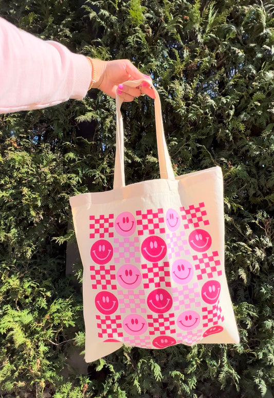Smiley Face Checkered Tote