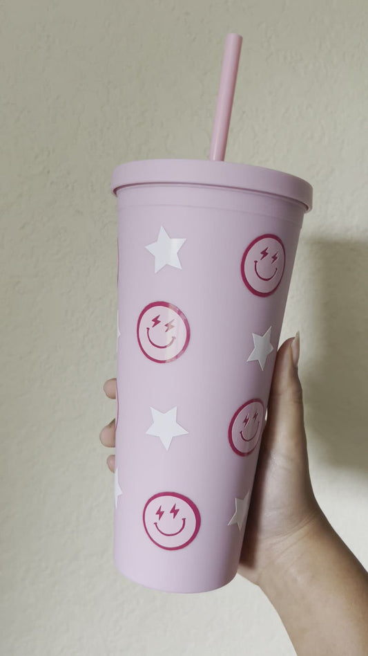 Lightning Bolt Smiley Face on Pink Tumbler