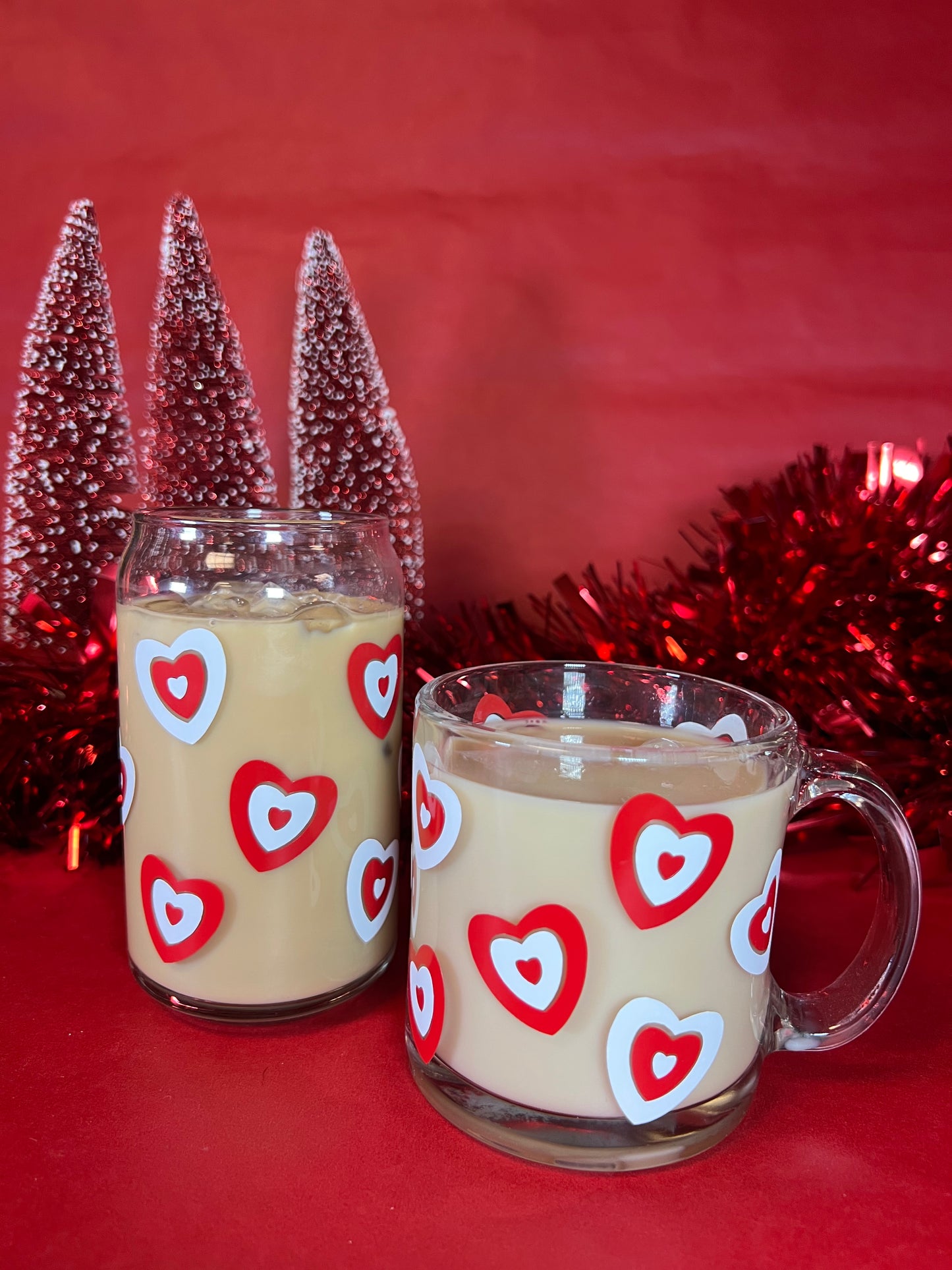 Red and White Heart Mug or Cold Glass