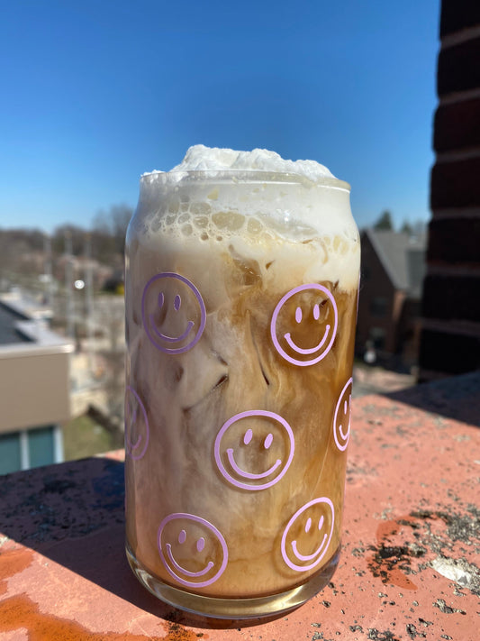 Purple Smiley Face Outline Glass Coffee Cup
