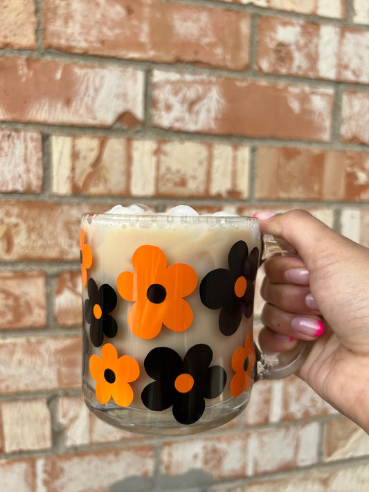Glass Mug with Orange and Black Flowers
