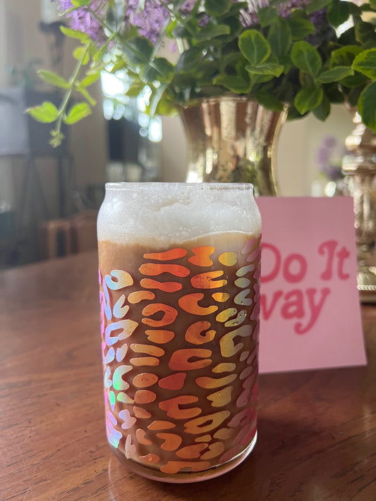 Pink Holographic Cheetah Iced Coffee Glass