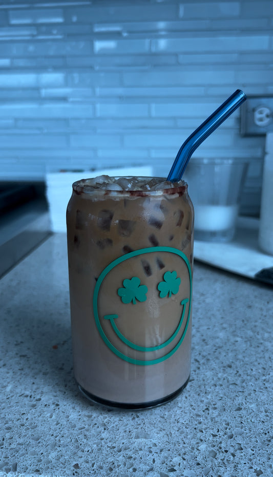 Shamrock Smiley Face Iced Coffee Glass