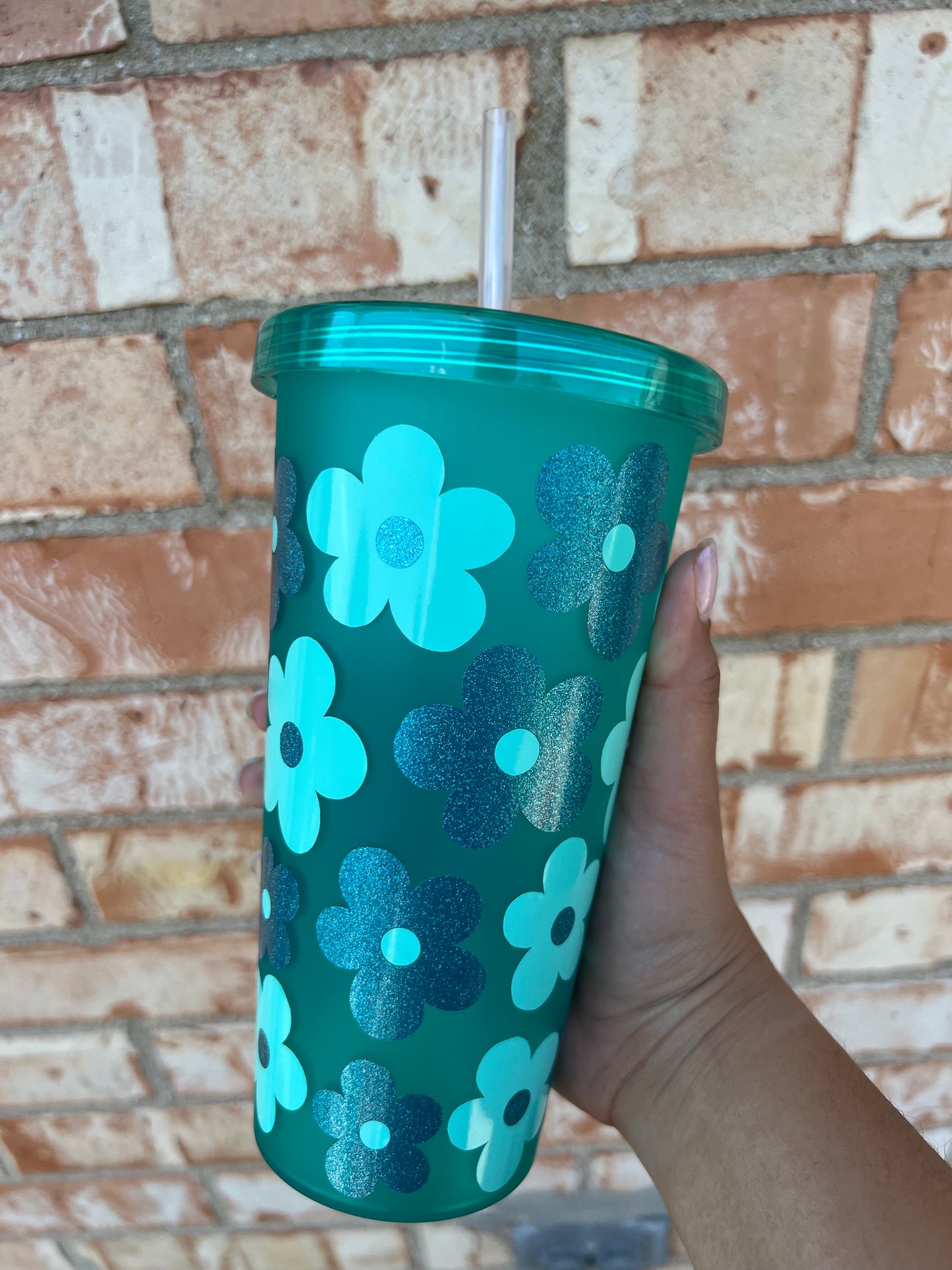 Blue Sparkly Flower Tumbler