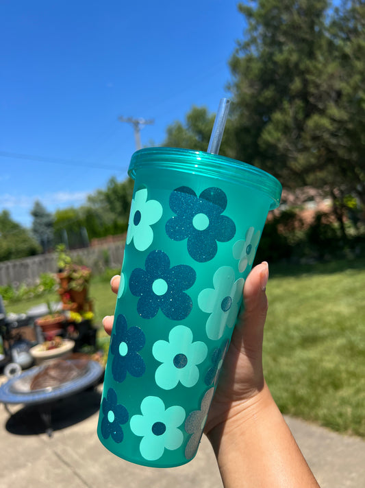 Blue Sparkly Flower Tumbler